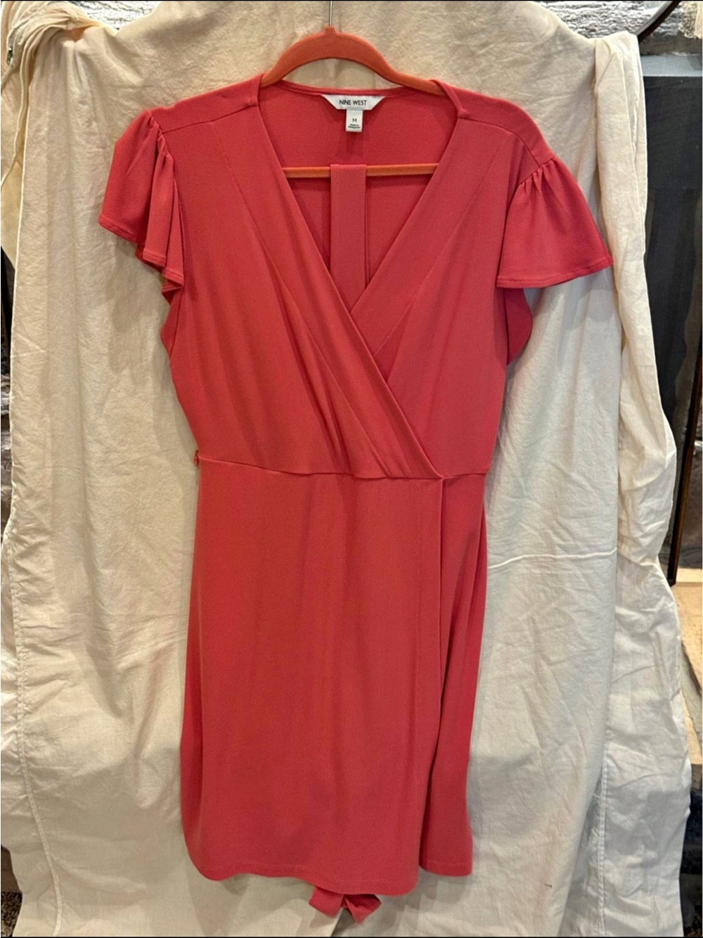 Nine West Coral Pink V-Neck Wrap Mini Dress